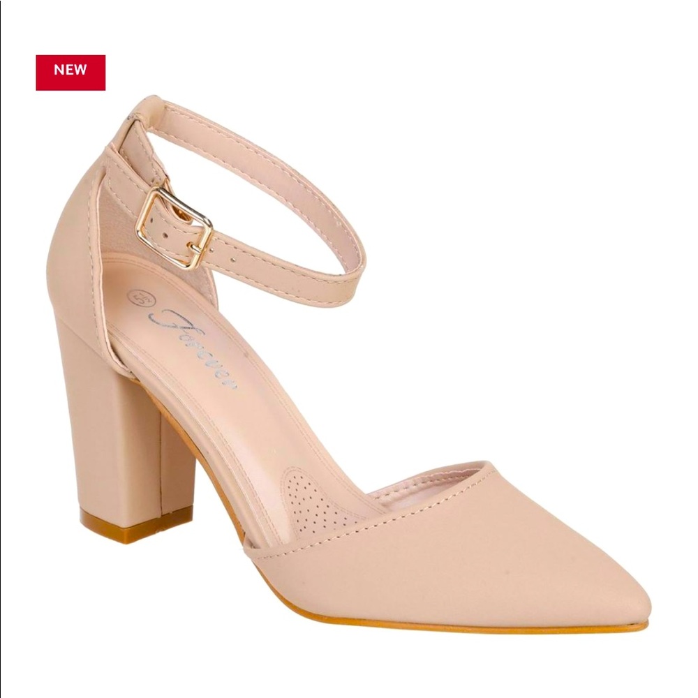 Beige ankle strap heels pumps.New in box,faux suede, Pointed toe, 3.25" heel